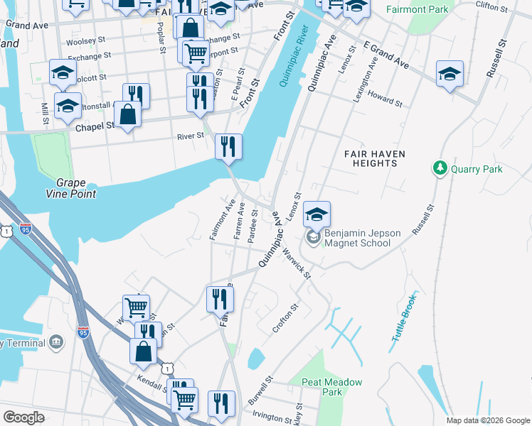 map of restaurants, bars, coffee shops, grocery stores, and more near 85 Pardee Street in New Haven