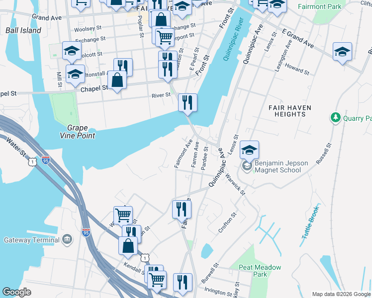 map of restaurants, bars, coffee shops, grocery stores, and more near 182 Farren Avenue in New Haven