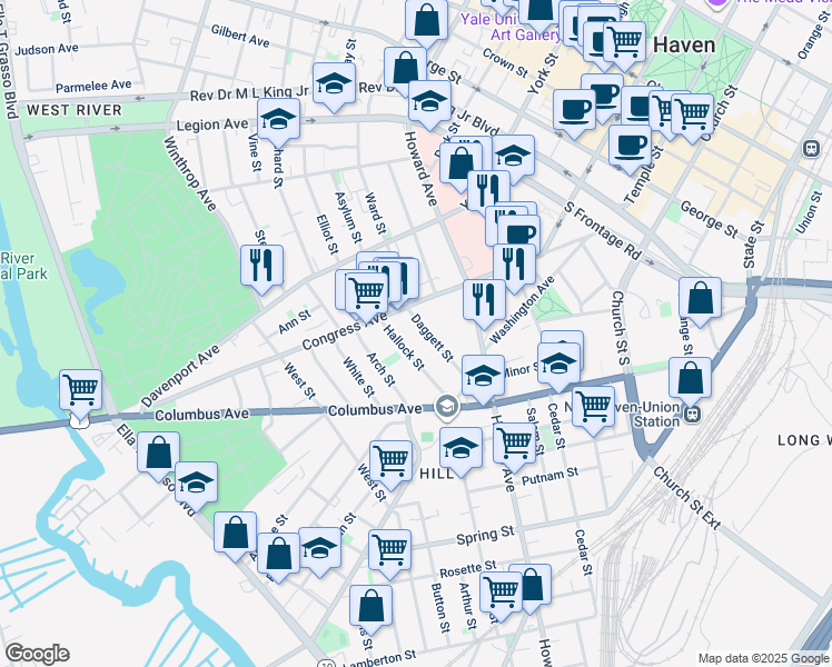 map of restaurants, bars, coffee shops, grocery stores, and more near 57 Hallock Street in New Haven