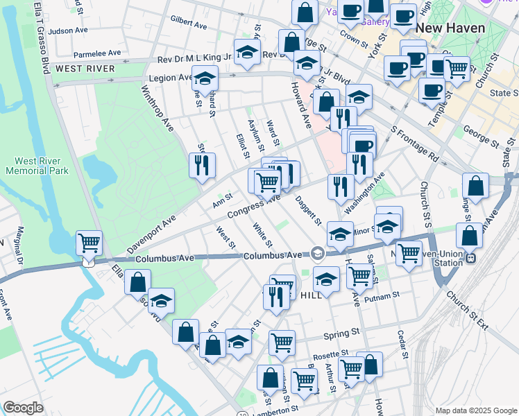 map of restaurants, bars, coffee shops, grocery stores, and more near 77 Arch Street in New Haven