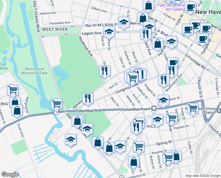 map of restaurants, bars, coffee shops, grocery stores, and more near 763 Congress Avenue in New Haven