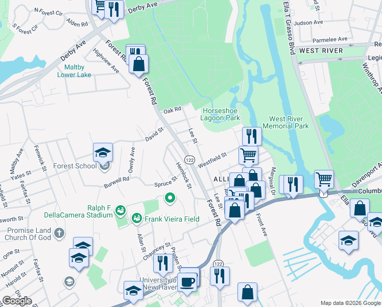map of restaurants, bars, coffee shops, grocery stores, and more near 171 Connecticut 122 in West Haven
