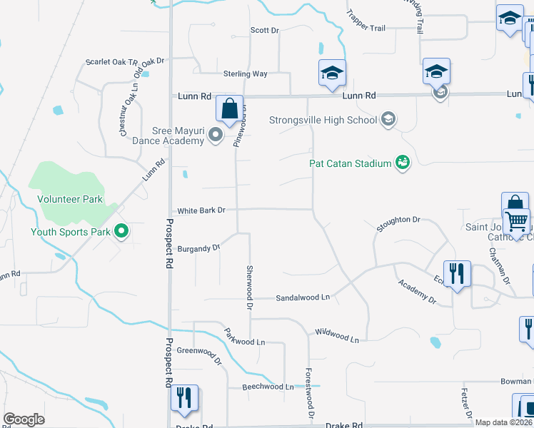 map of restaurants, bars, coffee shops, grocery stores, and more near 20487 White Bark Drive in Strongsville