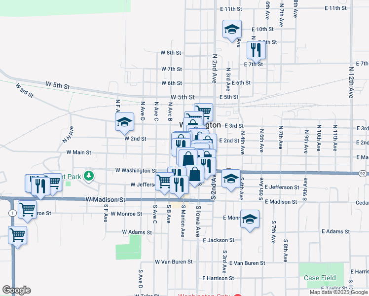 map of restaurants, bars, coffee shops, grocery stores, and more near 206 West Main Street in Washington