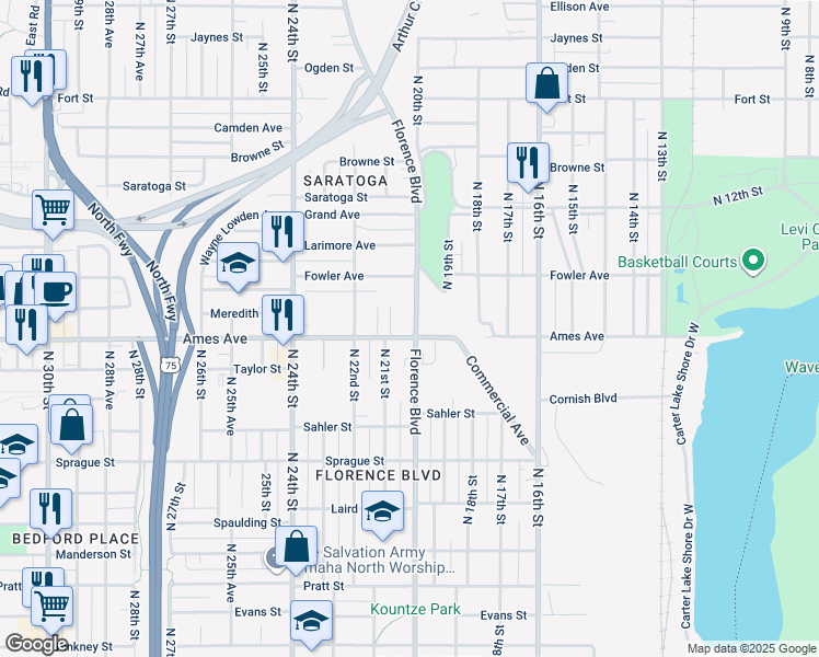 map of restaurants, bars, coffee shops, grocery stores, and more near 2017 Ames Avenue in Omaha