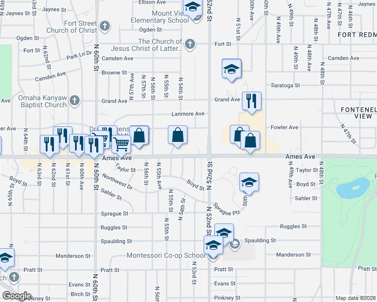map of restaurants, bars, coffee shops, grocery stores, and more near 4333 North 54th Street in Omaha