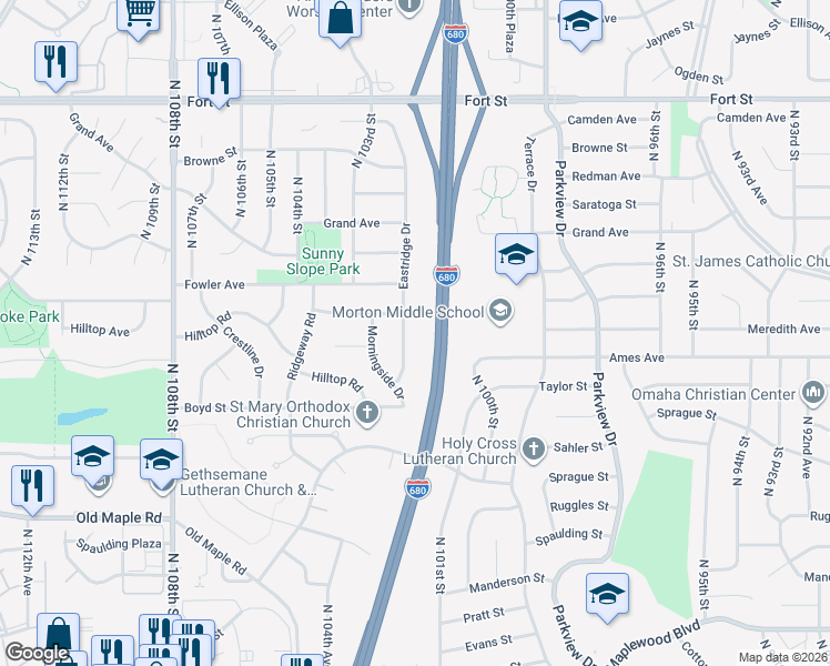 map of restaurants, bars, coffee shops, grocery stores, and more near 4419 Eastridge Drive in Omaha