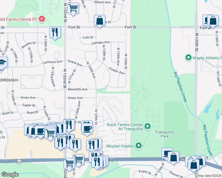 map of restaurants, bars, coffee shops, grocery stores, and more near 12659 Meredith Avenue in Omaha