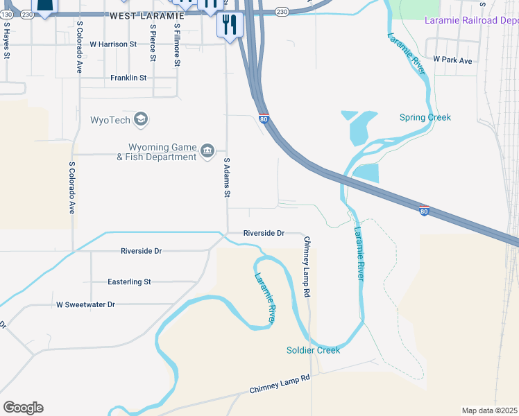 map of restaurants, bars, coffee shops, grocery stores, and more near 1364 Commerce Drive in Laramie