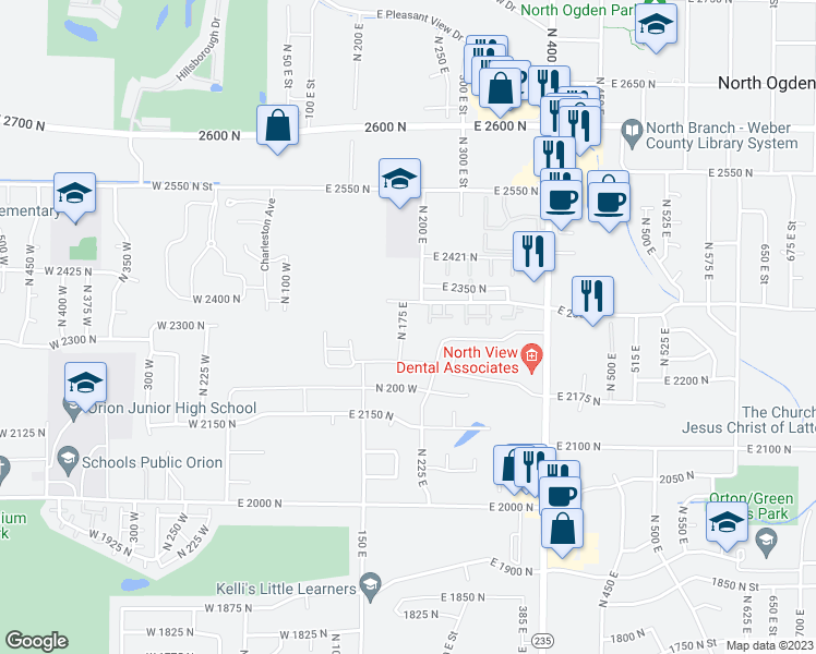 map of restaurants, bars, coffee shops, grocery stores, and more near 2262 North 175 East in North Ogden