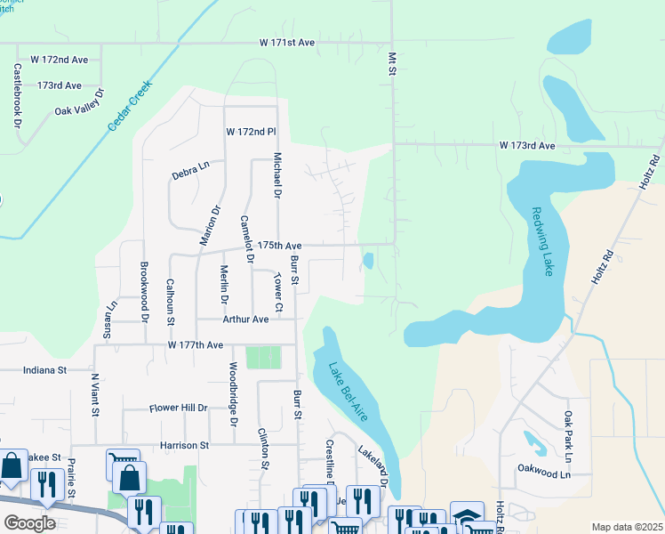 map of restaurants, bars, coffee shops, grocery stores, and more near 17524 Sunrise Drive in Lowell