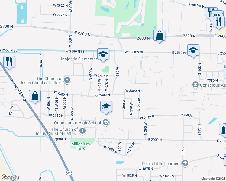 map of restaurants, bars, coffee shops, grocery stores, and more near 1266 North 350 West in Harrisville