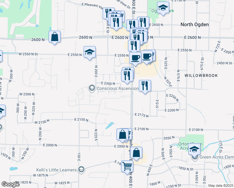 map of restaurants, bars, coffee shops, grocery stores, and more near 342 East 2275 North in North Ogden