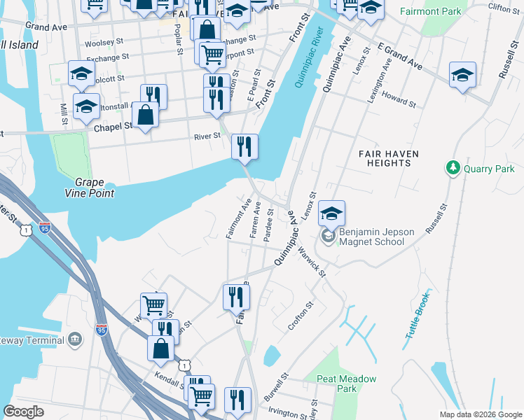 map of restaurants, bars, coffee shops, grocery stores, and more near 182 Farren Avenue in New Haven