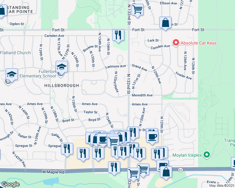 map of restaurants, bars, coffee shops, grocery stores, and more near 13243-13281 Meredith Avenue in Omaha