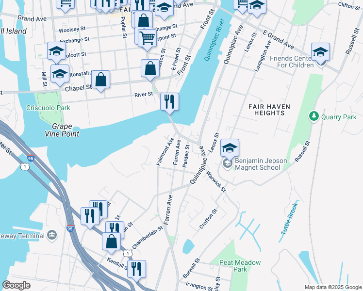 map of restaurants, bars, coffee shops, grocery stores, and more near 205 Farren Avenue in New Haven