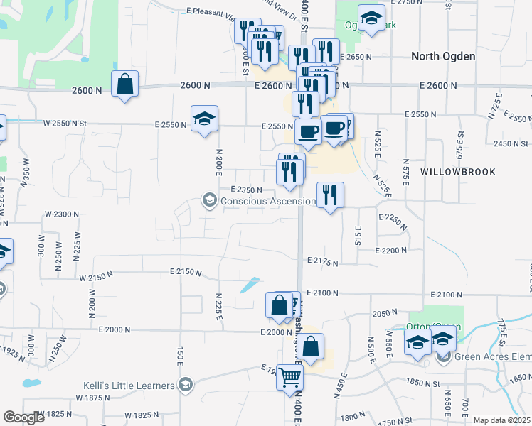 map of restaurants, bars, coffee shops, grocery stores, and more near 342 East 2275 North in North Ogden