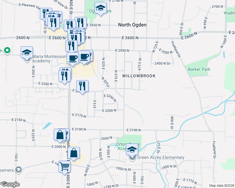 map of restaurants, bars, coffee shops, grocery stores, and more near 565 East 2250 North in North Ogden
