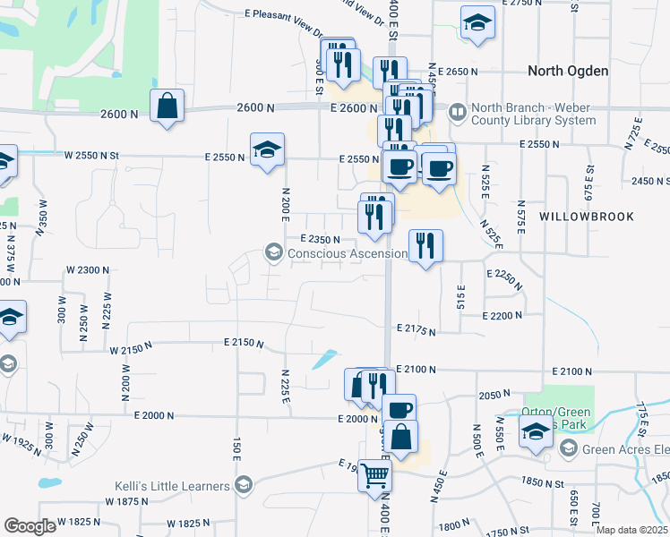 map of restaurants, bars, coffee shops, grocery stores, and more near 287 East 2300 North in Ogden