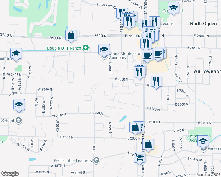 map of restaurants, bars, coffee shops, grocery stores, and more near 187 East 2300 North in North Ogden