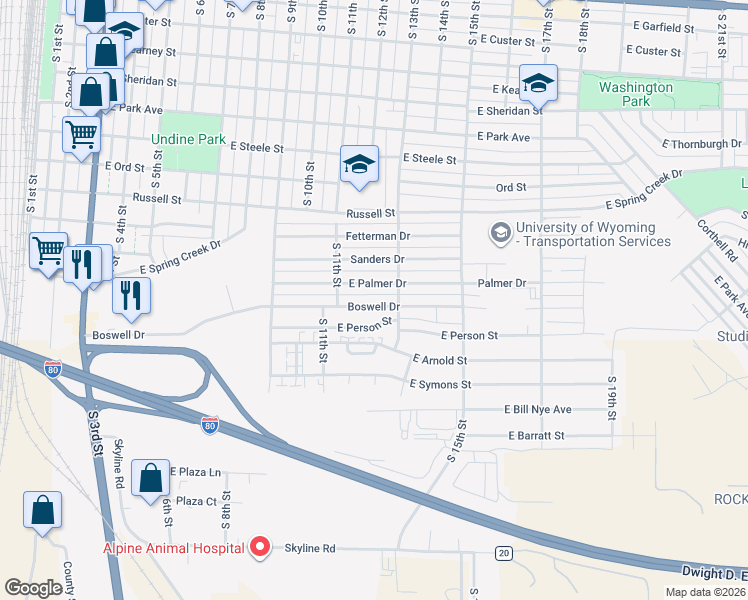 map of restaurants, bars, coffee shops, grocery stores, and more near 1210 Boswell Drive in Laramie