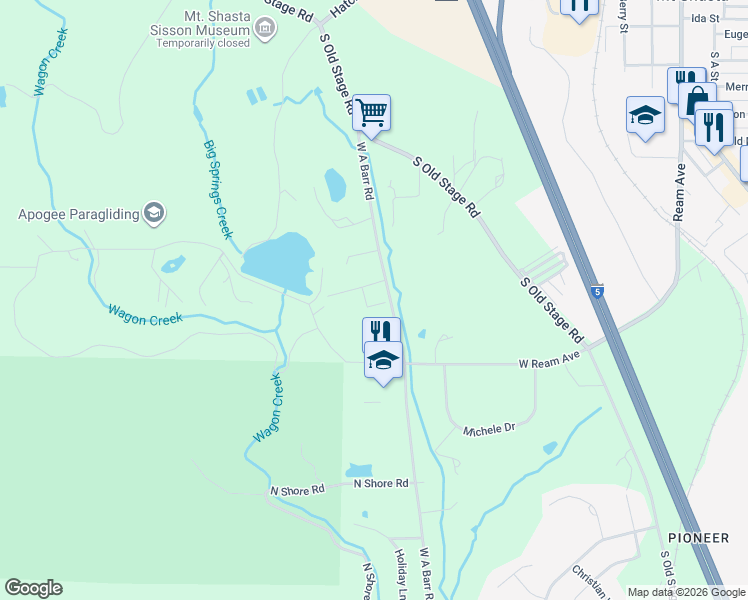 map of restaurants, bars, coffee shops, grocery stores, and more near 721 West A Barr Road in Mount Shasta