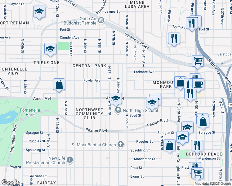 map of restaurants, bars, coffee shops, grocery stores, and more near 3614 Ames Avenue in Omaha