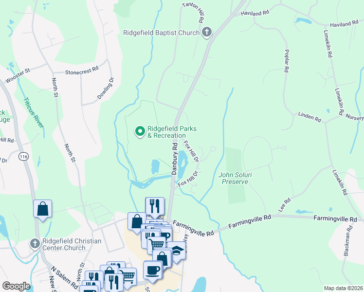 map of restaurants, bars, coffee shops, grocery stores, and more near 5 Grape Lane in Ridgefield