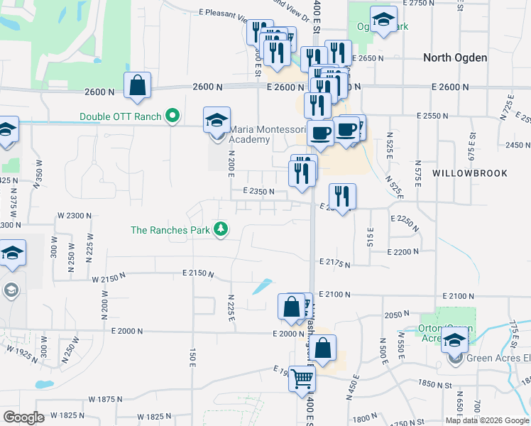 map of restaurants, bars, coffee shops, grocery stores, and more near 270 East 2275 North in North Ogden