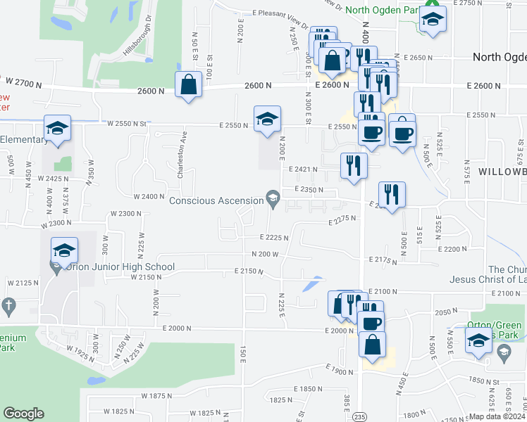 map of restaurants, bars, coffee shops, grocery stores, and more near 2245 North 175 East in North Ogden
