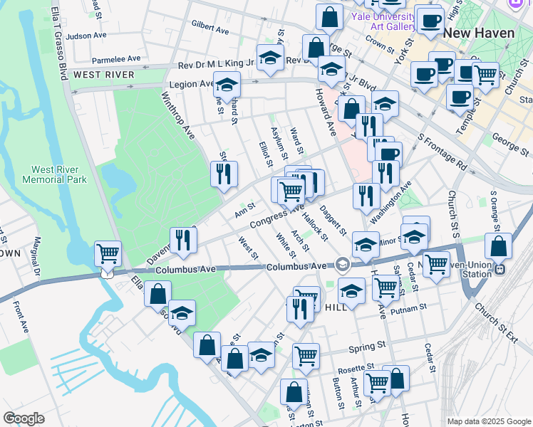 map of restaurants, bars, coffee shops, grocery stores, and more near 698 Congress Avenue in New Haven