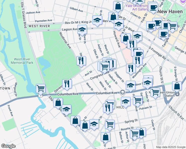 map of restaurants, bars, coffee shops, grocery stores, and more near 698 Congress Avenue in New Haven