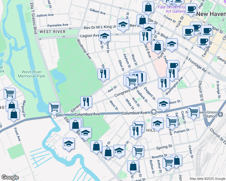 map of restaurants, bars, coffee shops, grocery stores, and more near 763 Congress Avenue in New Haven