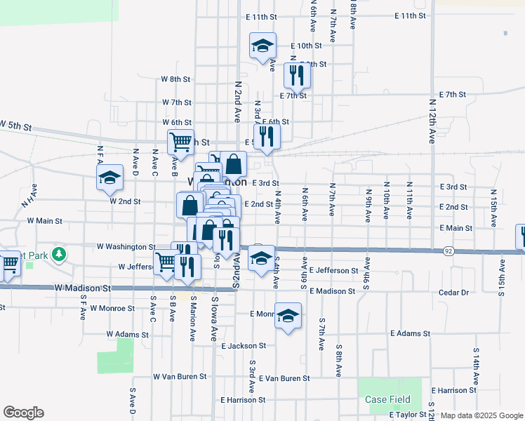 map of restaurants, bars, coffee shops, grocery stores, and more near 222 East Main Street in Washington