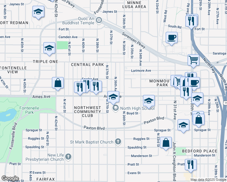map of restaurants, bars, coffee shops, grocery stores, and more near 3614 Ames Avenue in Omaha