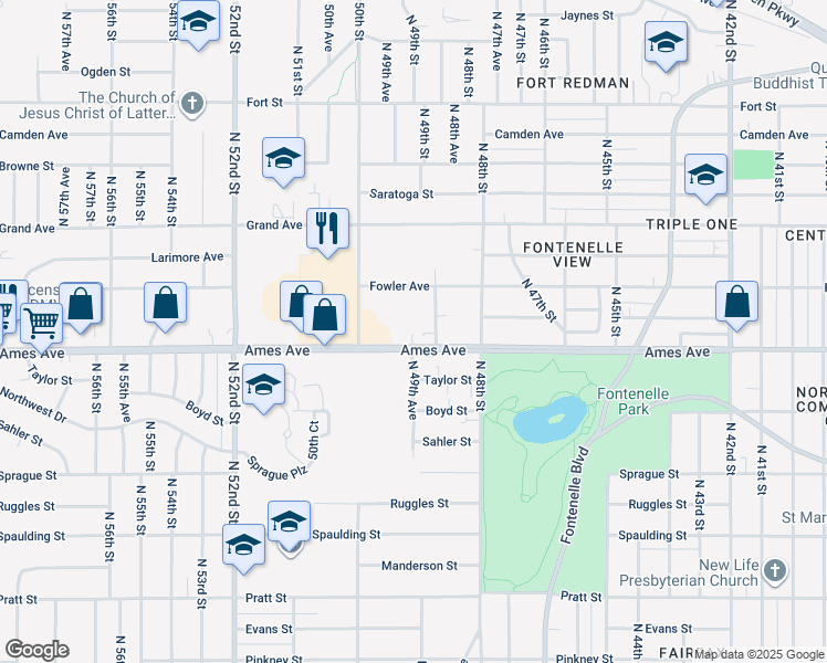 map of restaurants, bars, coffee shops, grocery stores, and more near 4915 Ames Avenue in Omaha