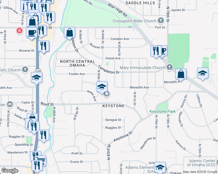 map of restaurants, bars, coffee shops, grocery stores, and more near 8314-1/2 Boyd Street in Omaha