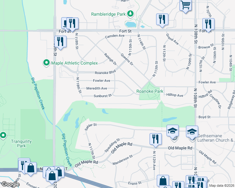 map of restaurants, bars, coffee shops, grocery stores, and more near 11417 Sunburst Street in Omaha