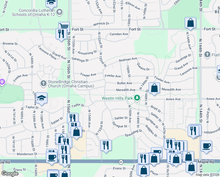 map of restaurants, bars, coffee shops, grocery stores, and more near 15105 Meredith Avenue in Omaha