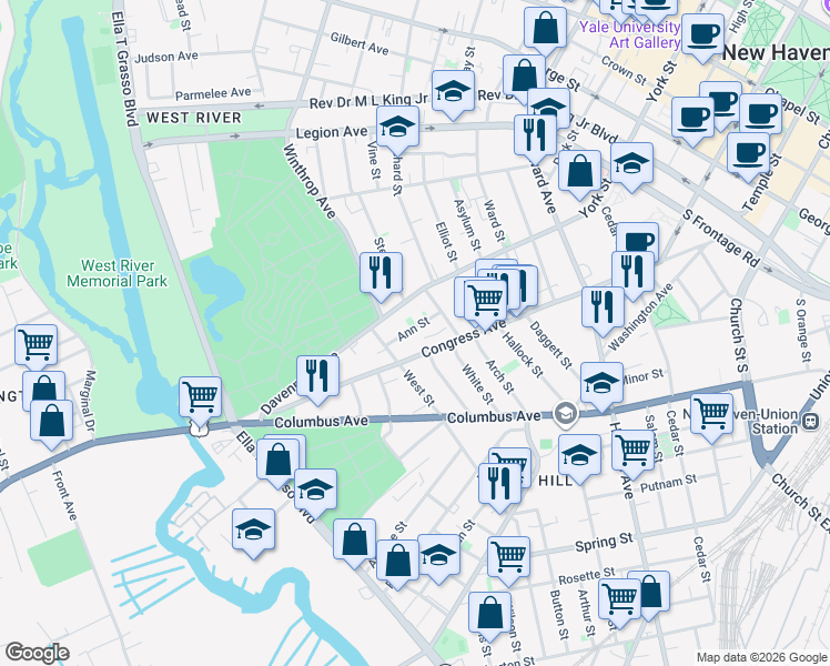 map of restaurants, bars, coffee shops, grocery stores, and more near 763 Congress Avenue in New Haven