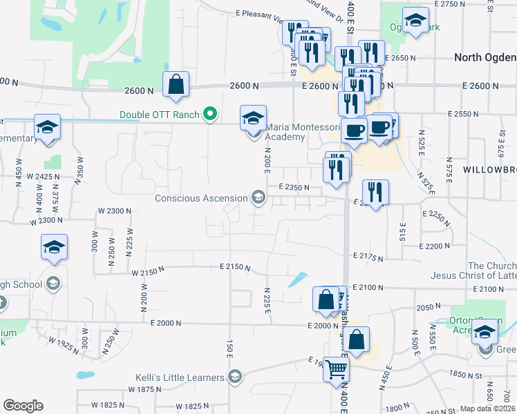 map of restaurants, bars, coffee shops, grocery stores, and more near 2270 North 175 East in North Ogden