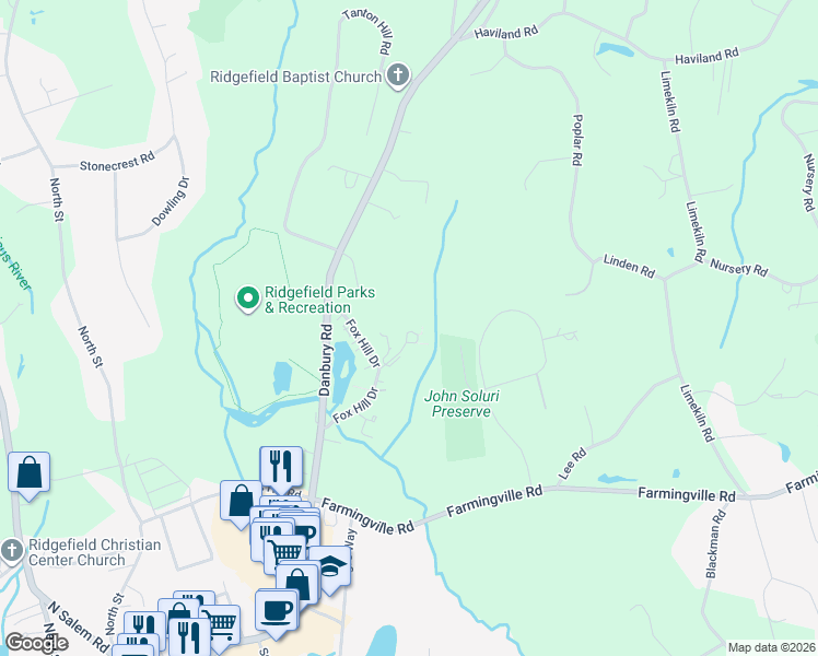map of restaurants, bars, coffee shops, grocery stores, and more near 1 Forest lane in Ridgefield