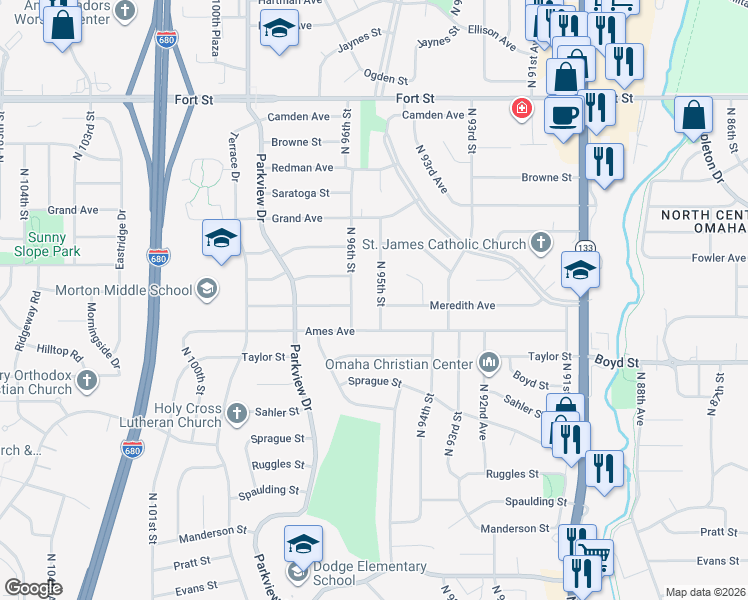 map of restaurants, bars, coffee shops, grocery stores, and more near 4512 North 95th Street in Omaha