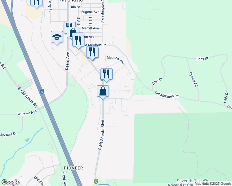 map of restaurants, bars, coffee shops, grocery stores, and more near 1501 Village Way in Mount Shasta