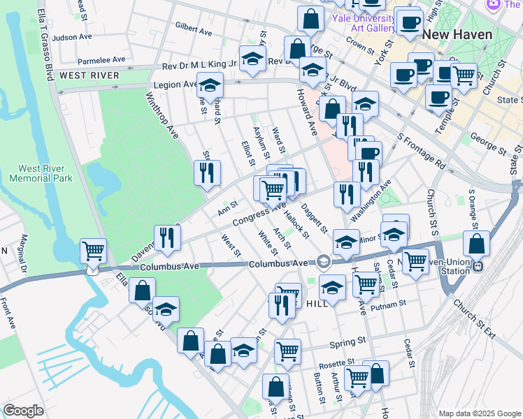 map of restaurants, bars, coffee shops, grocery stores, and more near 698 Congress Avenue in New Haven