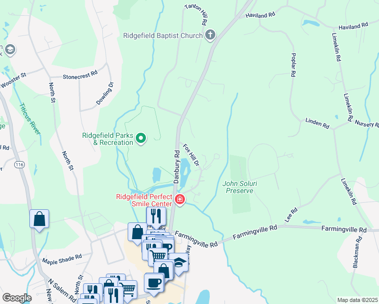map of restaurants, bars, coffee shops, grocery stores, and more near 5 Grape Lane in Ridgefield