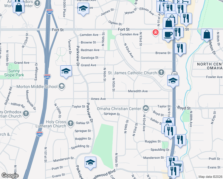 map of restaurants, bars, coffee shops, grocery stores, and more near 4512 North 95th Street in Omaha