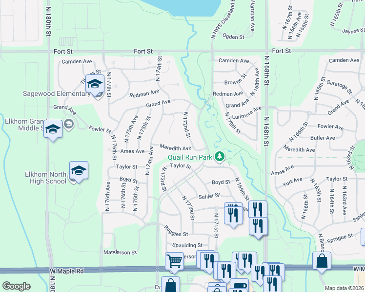 map of restaurants, bars, coffee shops, grocery stores, and more near 17211 Meredith Avenue in Omaha