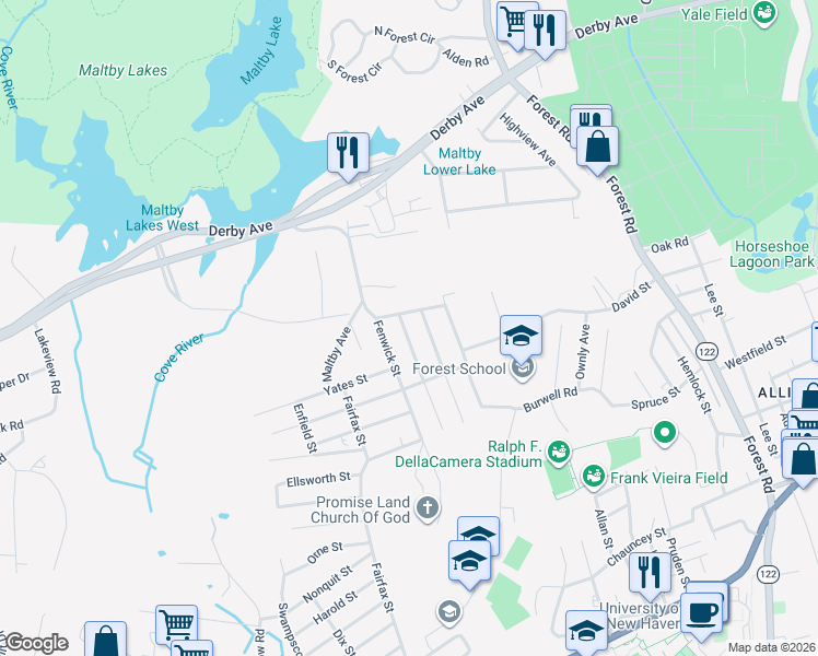 map of restaurants, bars, coffee shops, grocery stores, and more near 86 Enright Street in West Haven