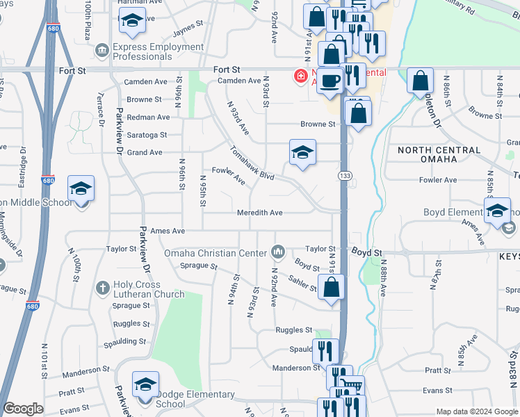 map of restaurants, bars, coffee shops, grocery stores, and more near 9234 Meredith Avenue in Omaha